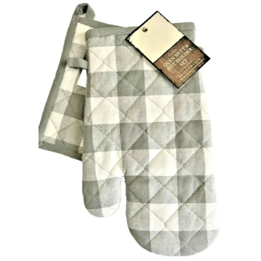 Grainhouse Potholder Oven Mitt Set Buffalo Check Plaid Country Gray White Set 2